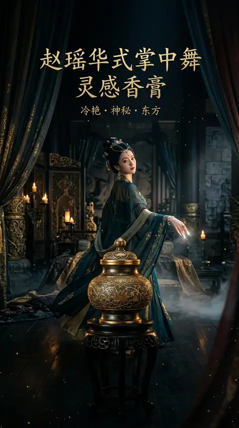 赵瑶华式掌中舞灵感香膏广告，主角为虚构宫廷舞姬“赵瑶华”，身姿纤柔若掌上轻燕，于幽暗深宫中定格一瞬回眸；画面中心是一只错金缠枝莲纹青铜香膏瓶，器型古雅华贵，细密 - AI生成图片 1