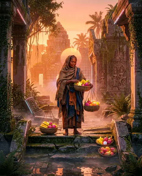 Vertical 9:16 — a serene dreamscape of a copper-skinned fruit vendor draped in l - AI生成图片 2