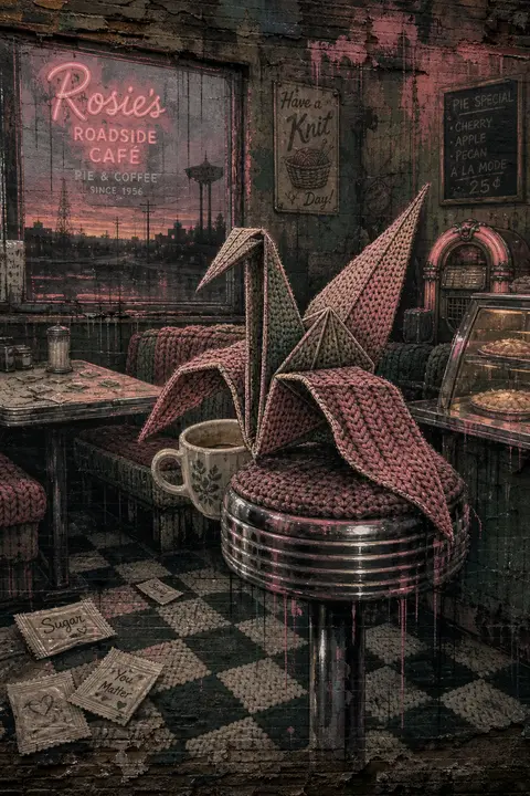 A living origami crane perched on a chrome-topped diner stool, delicately foldin - AI生成图片 2