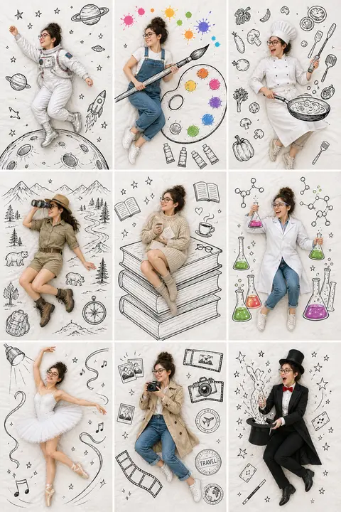 A professional 3×3 collage featuring the same beautiful young woman photographed - AI生成图片 2