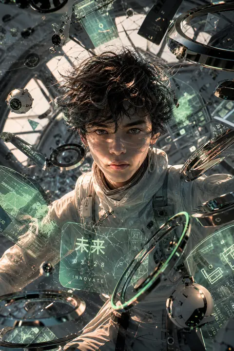 A young tinkering inventor on an orbital space station, framed in a tight vaporw - AI生成图片 2