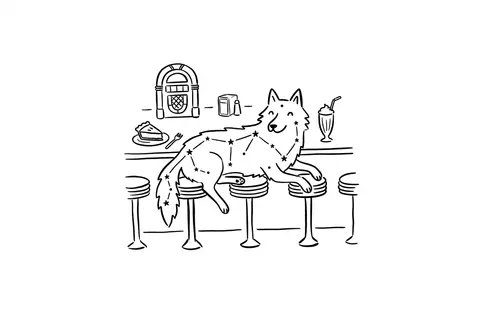 A joyful constellation-wolf lounging across the counter stools of a retro 1950s - AI生成图片 1