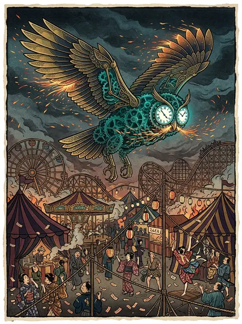 A clockwork owl whirls above a midnight carnival in a storm of motion, its body - AI生成图片 4