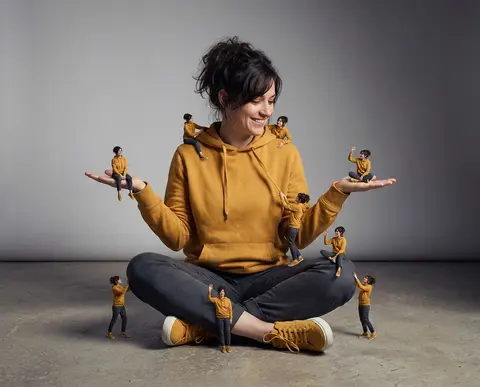 A creative surreal image of a woman sitting on the ground, wearing a dark yellow - AI生成图片 1