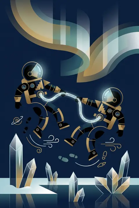 Two twin astronaut explorers with bubble helmets and compact brass exosuits skip - AI生成图片 1