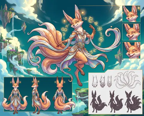 Mythical nine-tailed fox spirit character sheet, radiant celestial trickster wit - AI生成图片 2