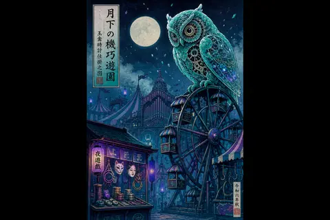 A moonlit ukiyo-e woodblock poster of a carved jade clockwork owl perched on a s - AI生成图片 2