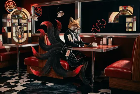 A mythical nine-tailed fox spirit seated alone in a 1950s retro diner booth at m - AI生成图片 1