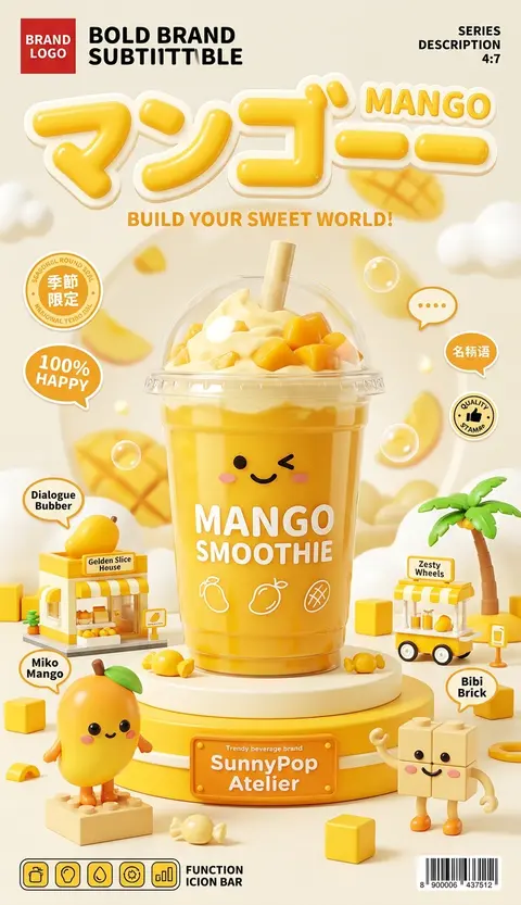 一张高端商业海报风的3D电商产品主视觉，主题为“芒果奶昔 / mango smoothie”，整体采用奶油白与明亮芒果黄的治愈系单色配色，纵向构图，接近4:7海 - AI生成图片 1