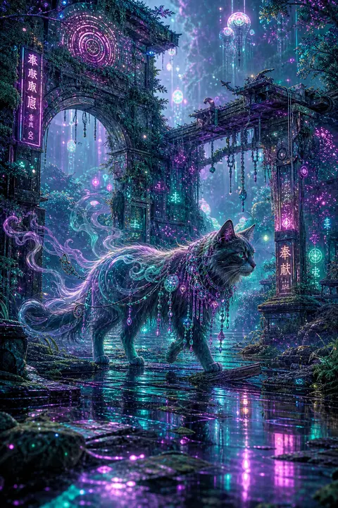 A lithe long-haired tea-house cat drifts through ancient temple ruins swallowed - AI生成图片 1