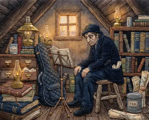 a wandering street musician pausing between songs in a cozy cluttered attic libr - AI生成图片 1