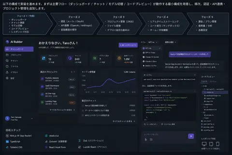要件を実装に落とし込むため、まず既存のアプリ構成と現在のUI・依存関係を確認します。既存コードを活かせる範囲を見極めてから、主要なユーザーフローが動く形で編集し - AI生成图片 2
