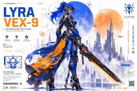 Create a premium collector’s-edition character poster featuring **Lyra Vex-9**, - AI生成图片 2