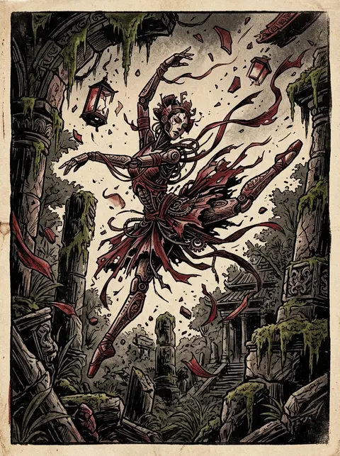 A mechanical prima ballerina in woven silk ribbons whirling through ancient moss - AI生成图片 1