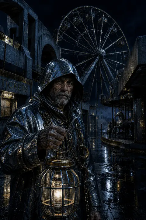 An elderly fisherman stands alone beneath a dead-still ferris wheel in a deserte - AI生成图片 1