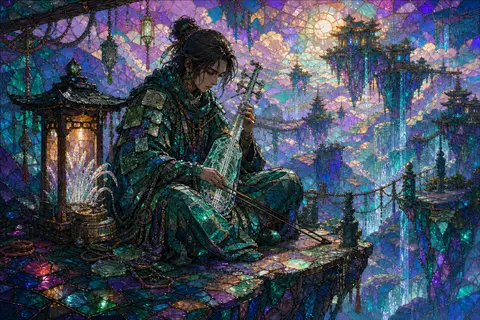 A solitary street fiddler on a chain of drifting sky islands, wrapped in a cloak - AI生成图片 1