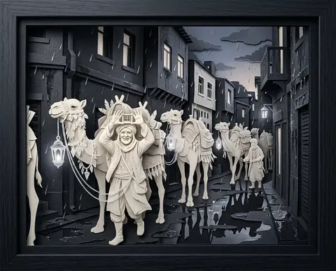 A joyful desert nomad caravan rendered as a layered papercut diorama, winding th - AI生成图片 1