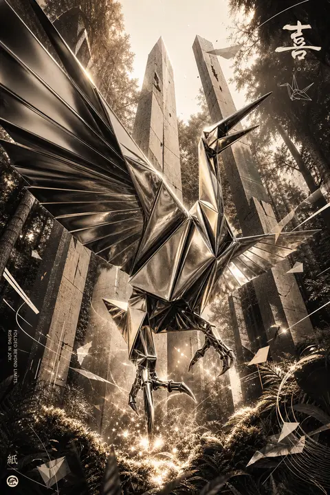 A jubilant living origami crane forged from polished chrome, wings flared wide a - AI生成图片 1