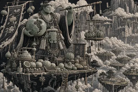 An embroidered textile tableau of a market fruit vendor towering on a chain of f - AI生成图片 2