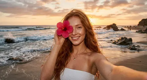 Ultra-realistic beach selfie of Elara Vance, a young woman with long wavy copper - AI生成图片 2