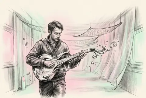 Vertical composition, a wandering street musician drifting through a silent orbi - AI生成图片 3