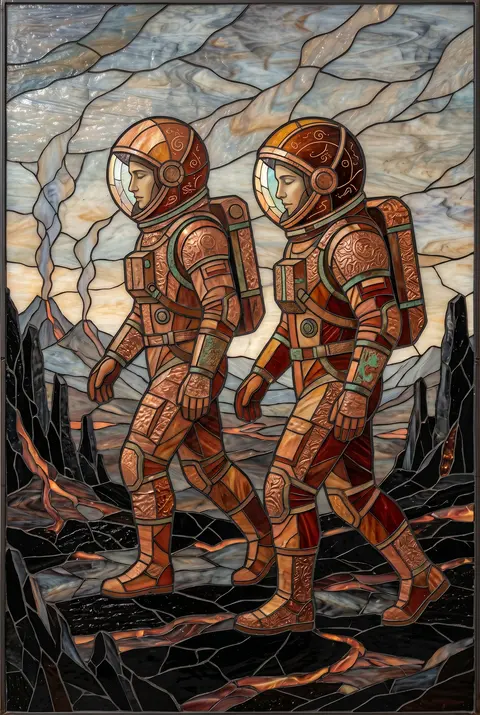 twin astronaut explorers traversing a volcanic wasteland, mirrored figures with - AI生成图片 3