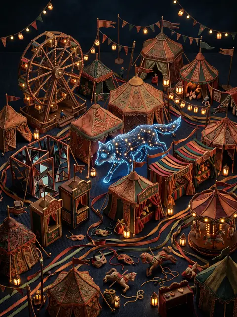 an isometric miniature midnight carnival centered on a wolf shaped entirely from - AI生成图片 2