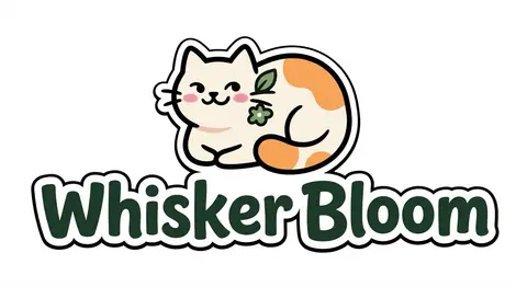一个名为 Whisker Bloom 的品牌标识设计：主体是一只圆润、极具辨识度的卡通猫咪，使用简洁几何轮廓构成，神态灵动，带一点慵懒俏皮的松弛感。整体造型融入 - AI生成图片 3