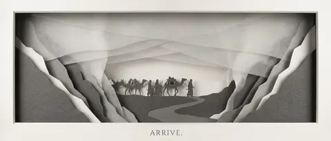 A desert nomad caravan pausing in a fog-shrouded mountain pass, rendered as an i - AI生成图片 2