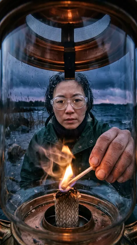 超写实电影级照片，采用极端贴近视角，仿佛相机被安置在一只复古船用防风提灯的透明罩腔内向外凝视；画面四周被弯曲玻璃包围，玻璃表面覆着雾珠、盐霜般的细小颗粒、擦拭留 - AI生成图片 1