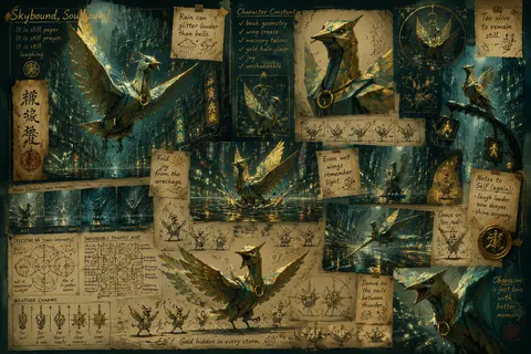 A private atelier folio page devoted to a jubilant sentient origami crane, repea - AI生成图片 2