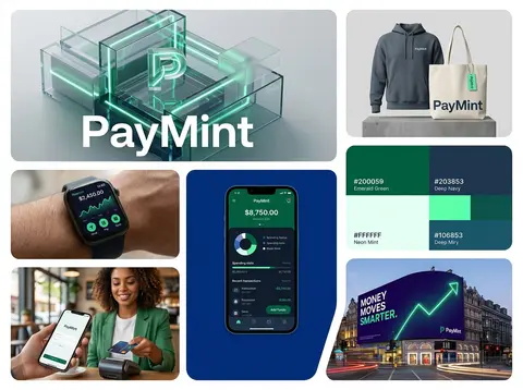 一张高端金融科技品牌视觉情绪板（mood board）拼贴图，整体为干净现代的品牌展示海报，白色背景，圆角卡片网格排版，7个分区，统一品牌名“PayMint”， - AI生成图片 3