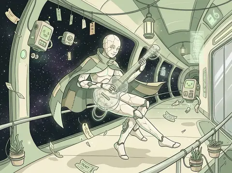 A playful, whimsical cyberpunk neon illustration set inside an orbital space sta - AI生成图片 1