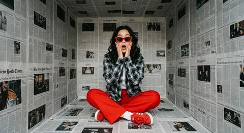 一张超写实、时尚 editorial 风格的人像摄影：一位年轻东亚女性坐在一个狭小封闭的“报纸房间”中央，地面、四面墙壁和天花板全部被密密麻麻的英文报纸整齐贴满 - AI生成图片 3