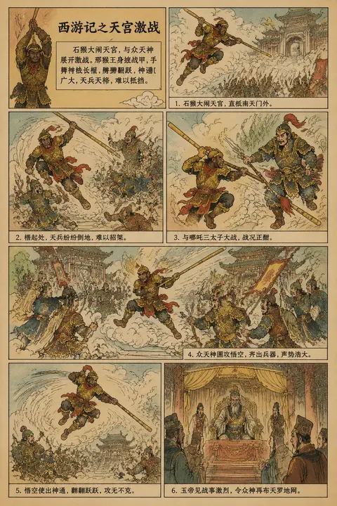 传统中国连环画 / 小人书风格，《西游记》“天宫激战”主题，多格连续分镜叙事；采用经典毛笔墨线，黑色勾勒人物与云殿楼阁轮廓，线条劲健流畅、疏密有致，保留老版连环 - AI生成图片 2