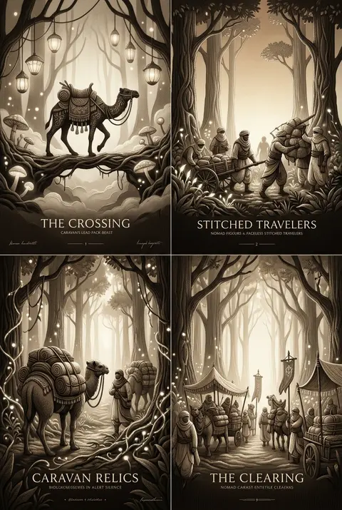 a desert nomad caravan crossing through a bioluminescent night forest, reimagine - AI生成图片 1
