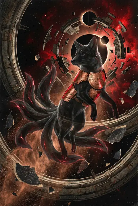 Surrealist photo collage of a mythical nine-tailed fox spirit suspended inside a - AI生成图片 4