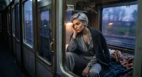 Hyper-detailed cinematic editorial portrait of a striking silver-haired young tr - AI生成图片 1
