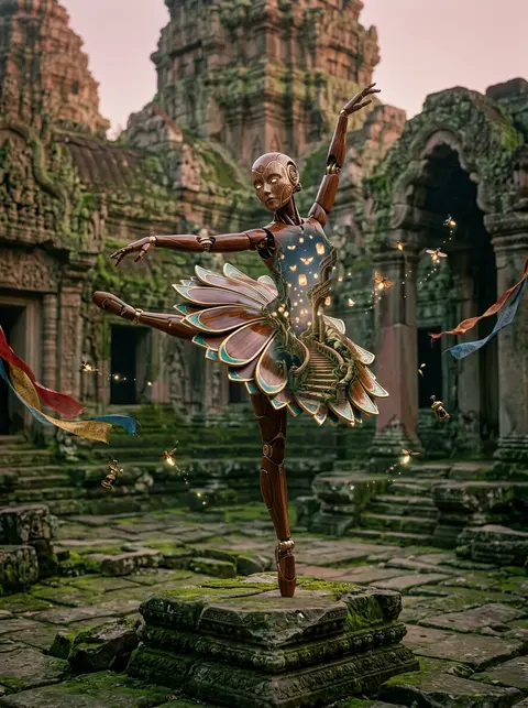 A robotic ballet dancer with articulated lacquered-wood limbs pirouettes across - AI生成图片 1