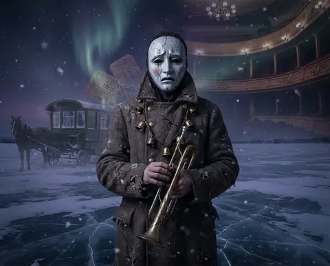 Solitary porcelain-faced wandering street musician wrapped in tarnished brass be - AI生成图片 2