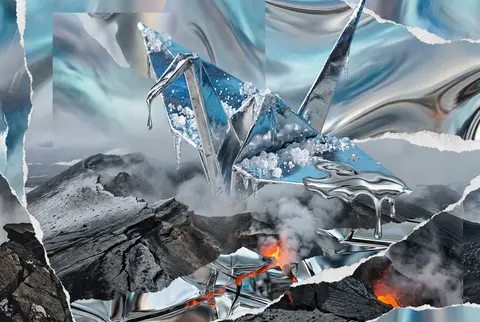 Surrealist photo collage of an origami paper crane come alive, towering above a - AI生成图片 2
