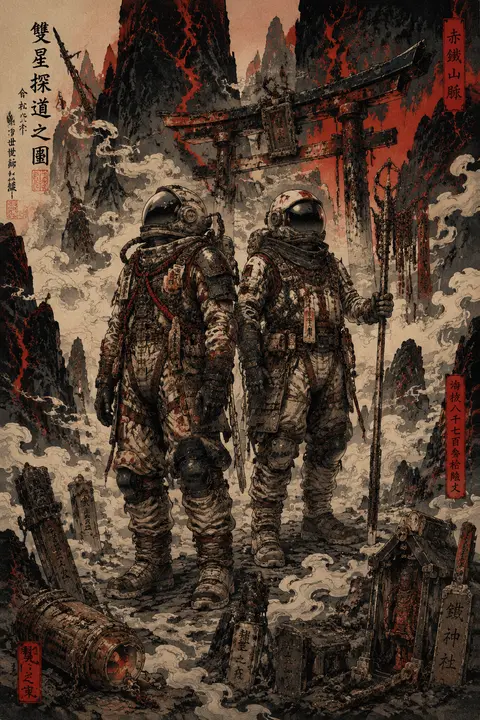 twin astronaut explorers rendered as an epic ukiyo-e woodblock print, full-body - AI生成图片 2
