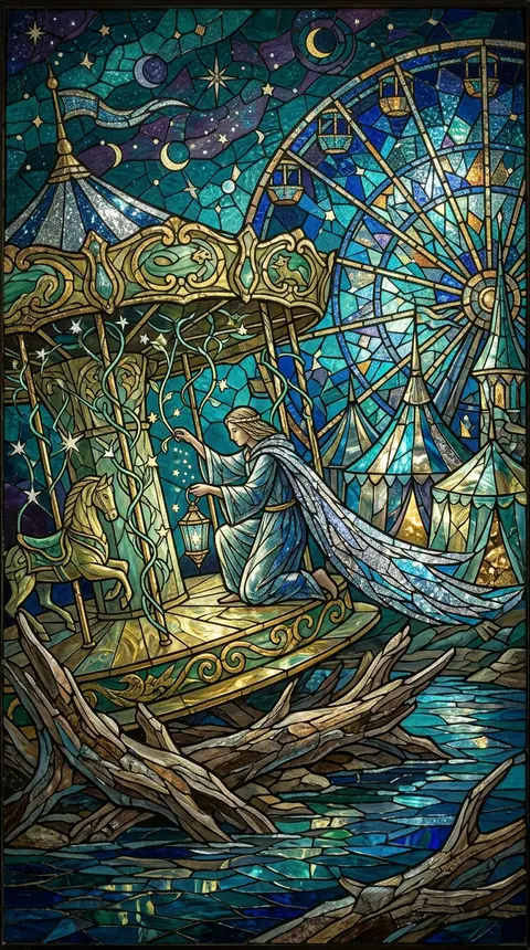 A midnight carnival rises from a riverbank of weathered driftwood, rendered as a - AI生成图片 3