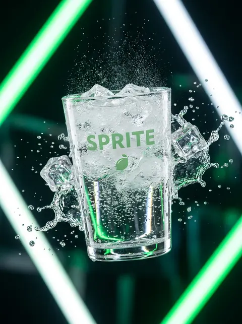 A transparent cup filled with fresh Sprite lemon soda floating in the air, surro - AI生成图片 1