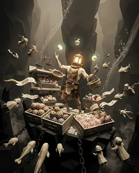 Vertical composition, a whirlwind produce stall suspended at the floor of a ligh - AI生成图片 2