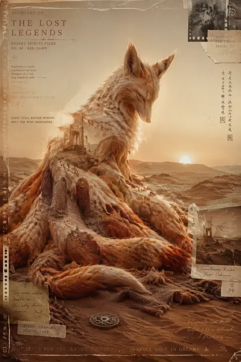 一张横版高质感实验影像海报，采用双重曝光摄影与档案拼贴结合的杂志封面风：主视觉是一只神秘的九尾狐灵，身形修长，伏坐在黎明时分的沙漠低坡上，九条尾巴如被风吹皱的软 - AI生成图片 2