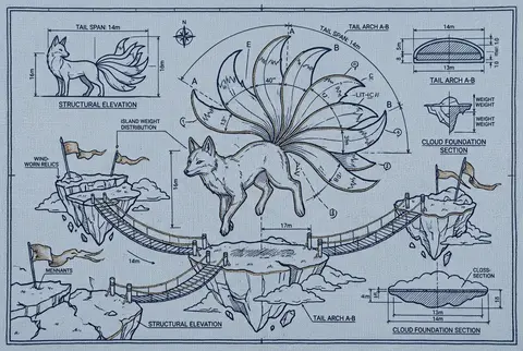 A melancholic blueprint schematic of a mythical nine-tailed fox spirit on floati - AI生成图片 3