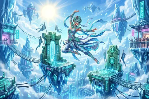 masked carnival acrobat on floating sky islands, joyful sunlit cyberpunk neon il - AI生成图片 2