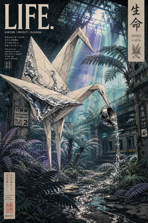 Premium editorial campaign image of a sentient origami paper crane towering like - AI生成图片 1