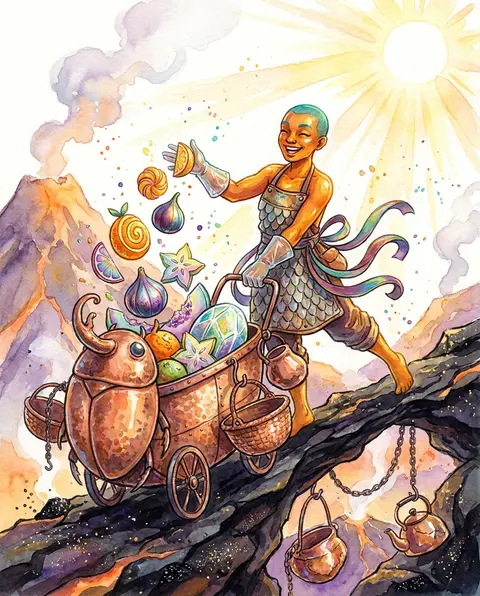 A jubilant watercolor storybook scene of a fruit vendor with a shaved teal scalp - AI生成图片 2